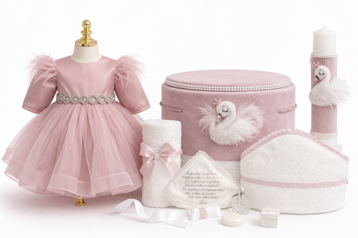 Set botez fetita lebada roz pudra