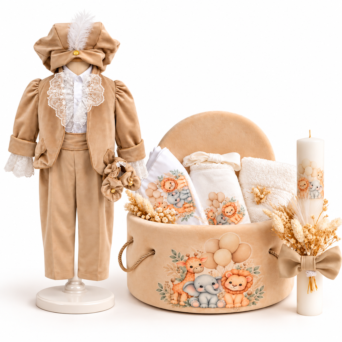 Set botez băiețel safari crem ( Costum print ,Trusou,Lumânare)