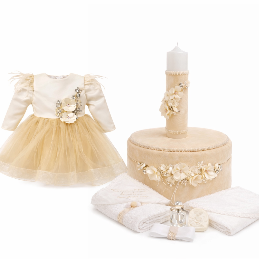 Set botez crem cu flori