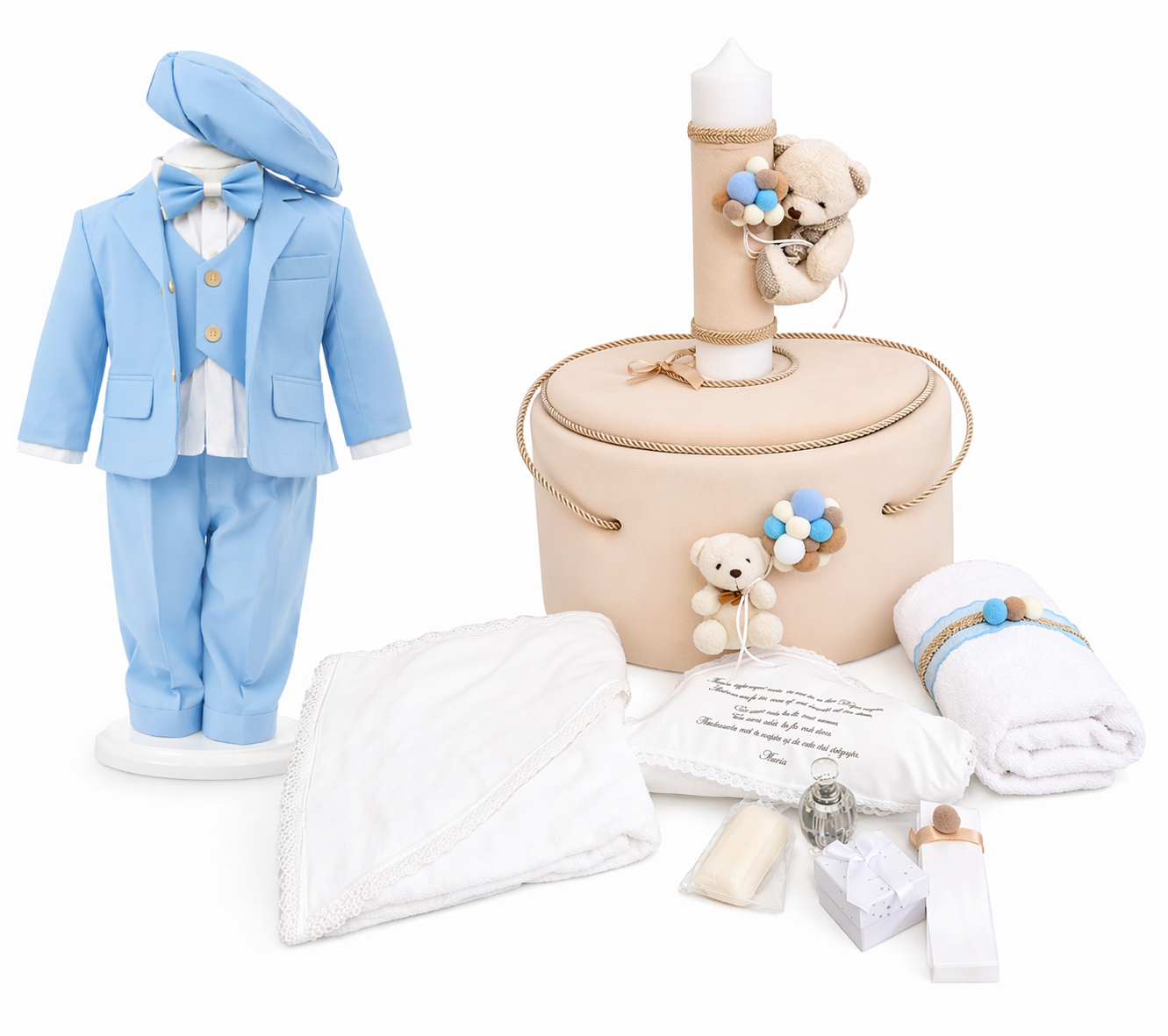 Set botez baietel albastru cu crem ursulet
