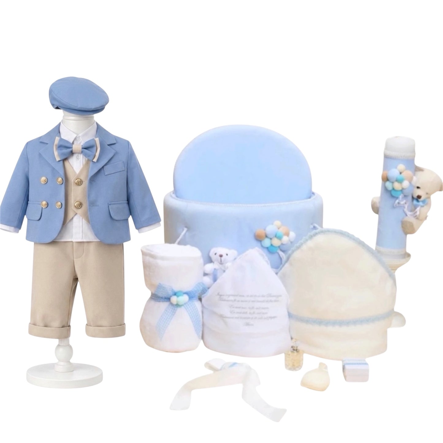 Set botez baietel albastru cu crem ursulet