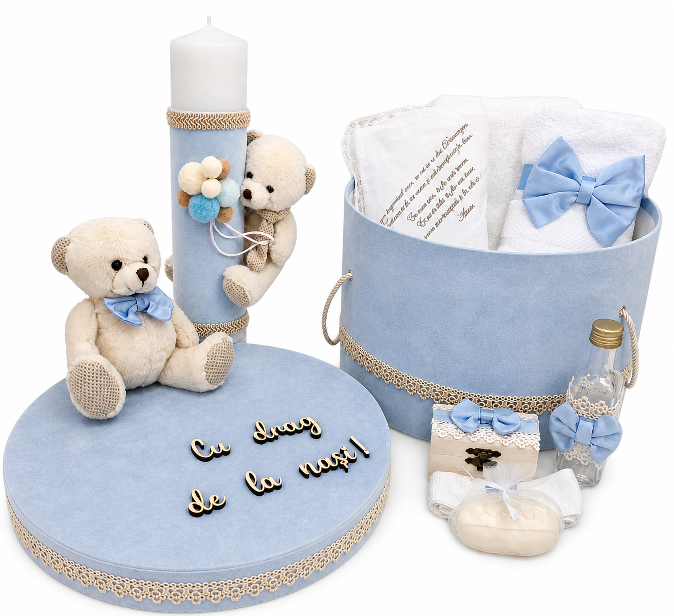 Trusou rotund urs baby blue + Lumanare