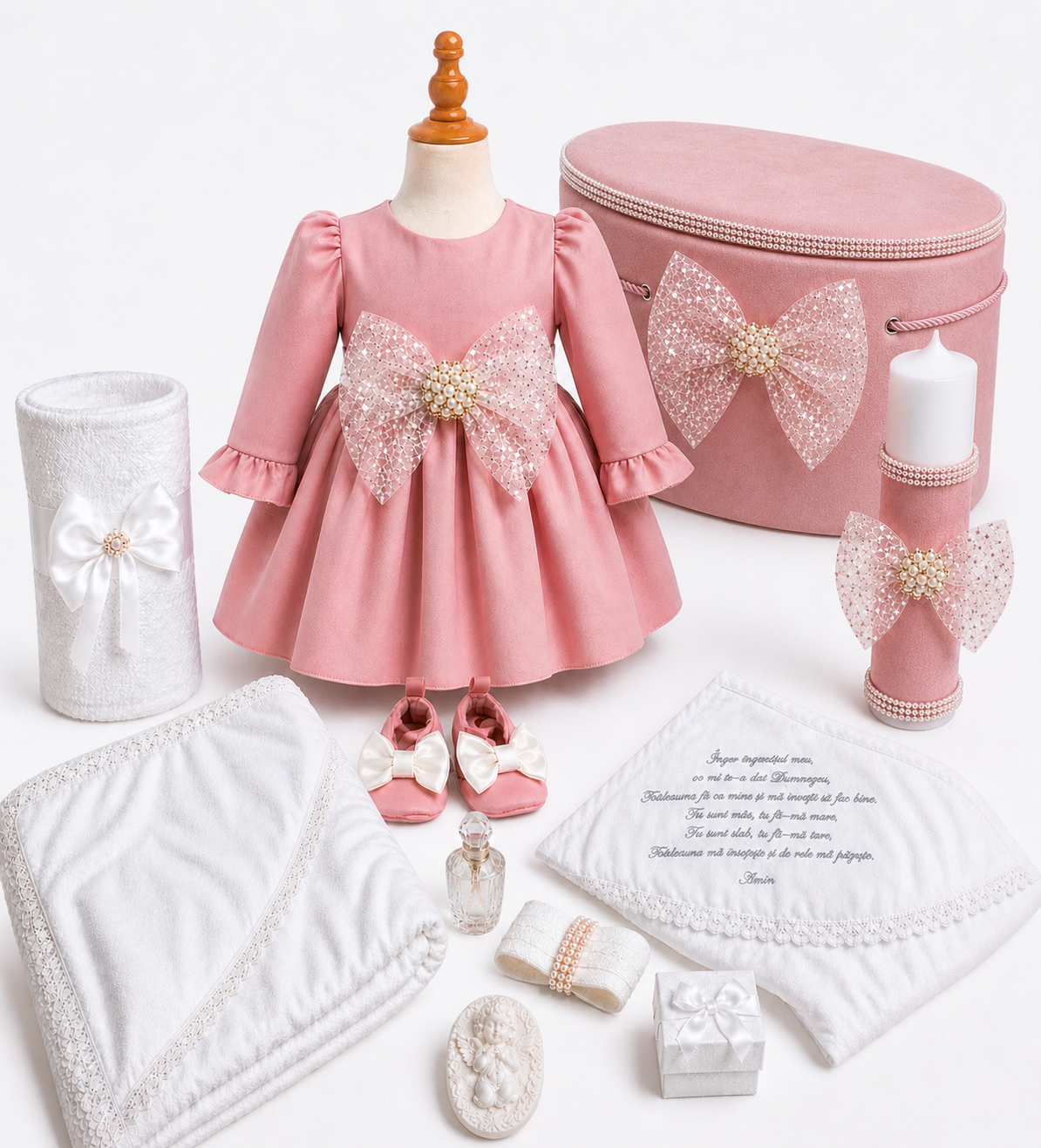 Set botez fetita cu fundiță roz pudra