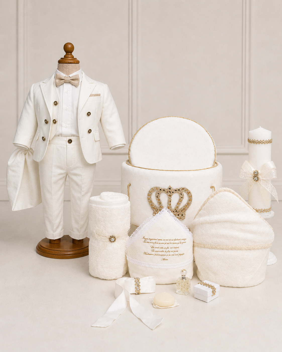 Set botez băiețel alb coronita ( Costum, Trusou catifea ,Lumânare) (Copy)