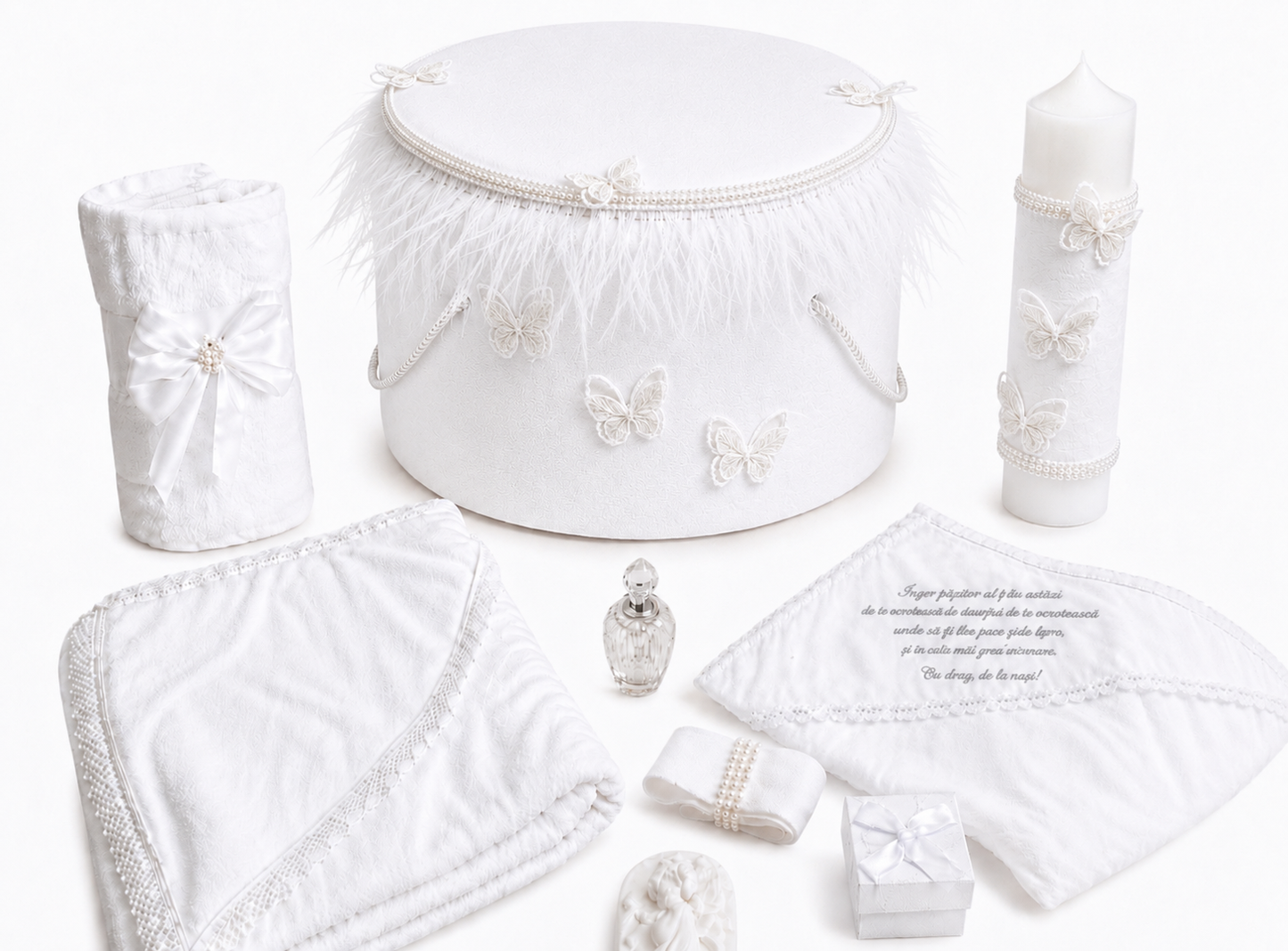 Set botez fluturasi alb -cutie , trusou, lumanare