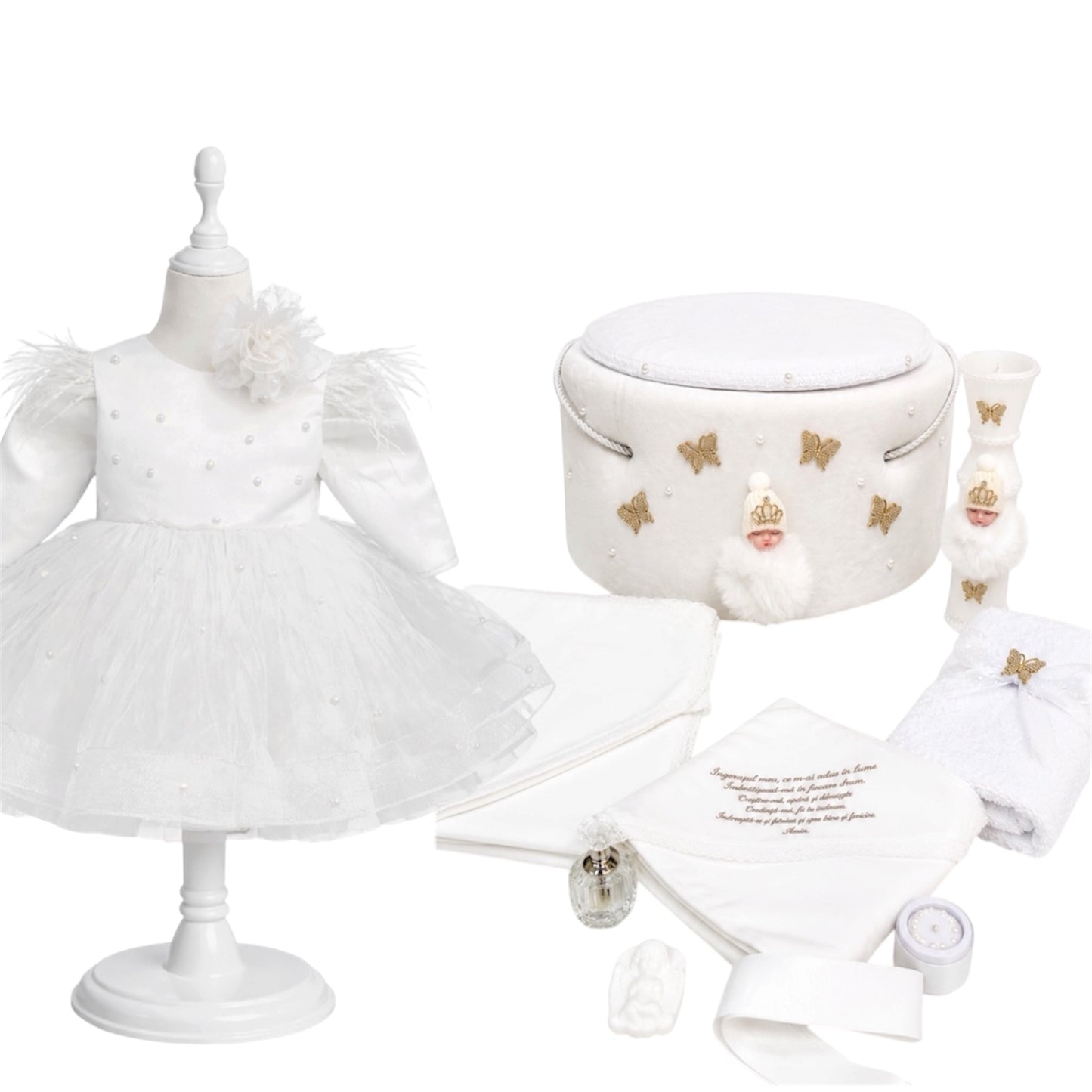 Set botez fetita Alb cu perle