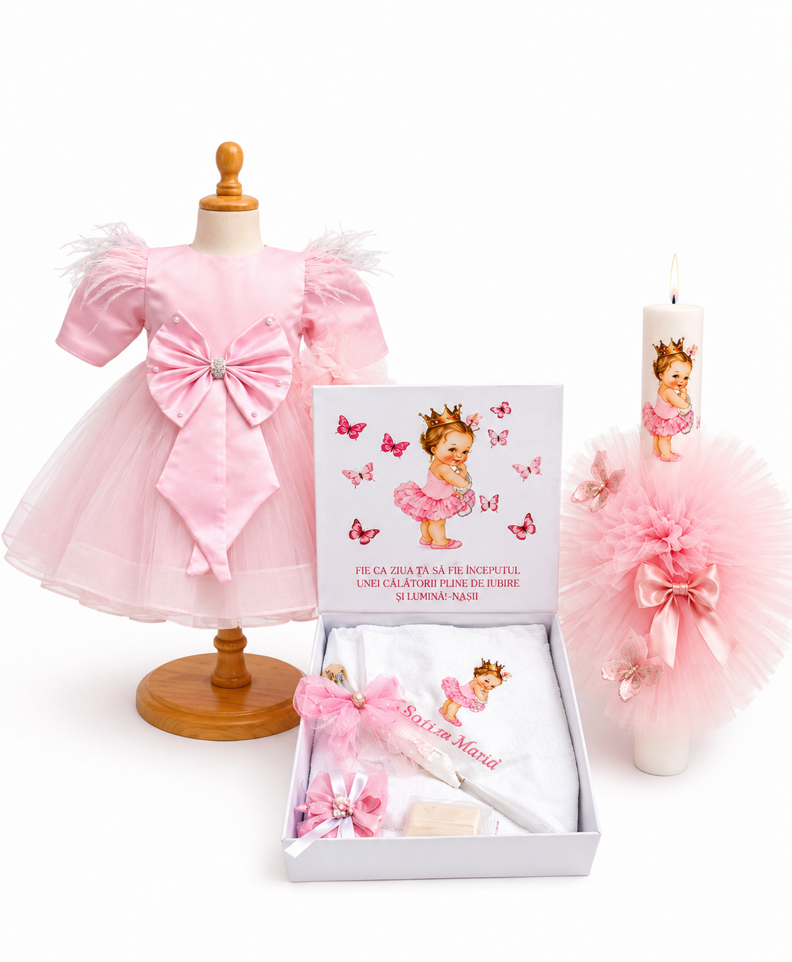 Set botez fetita roz cu funda si balerina