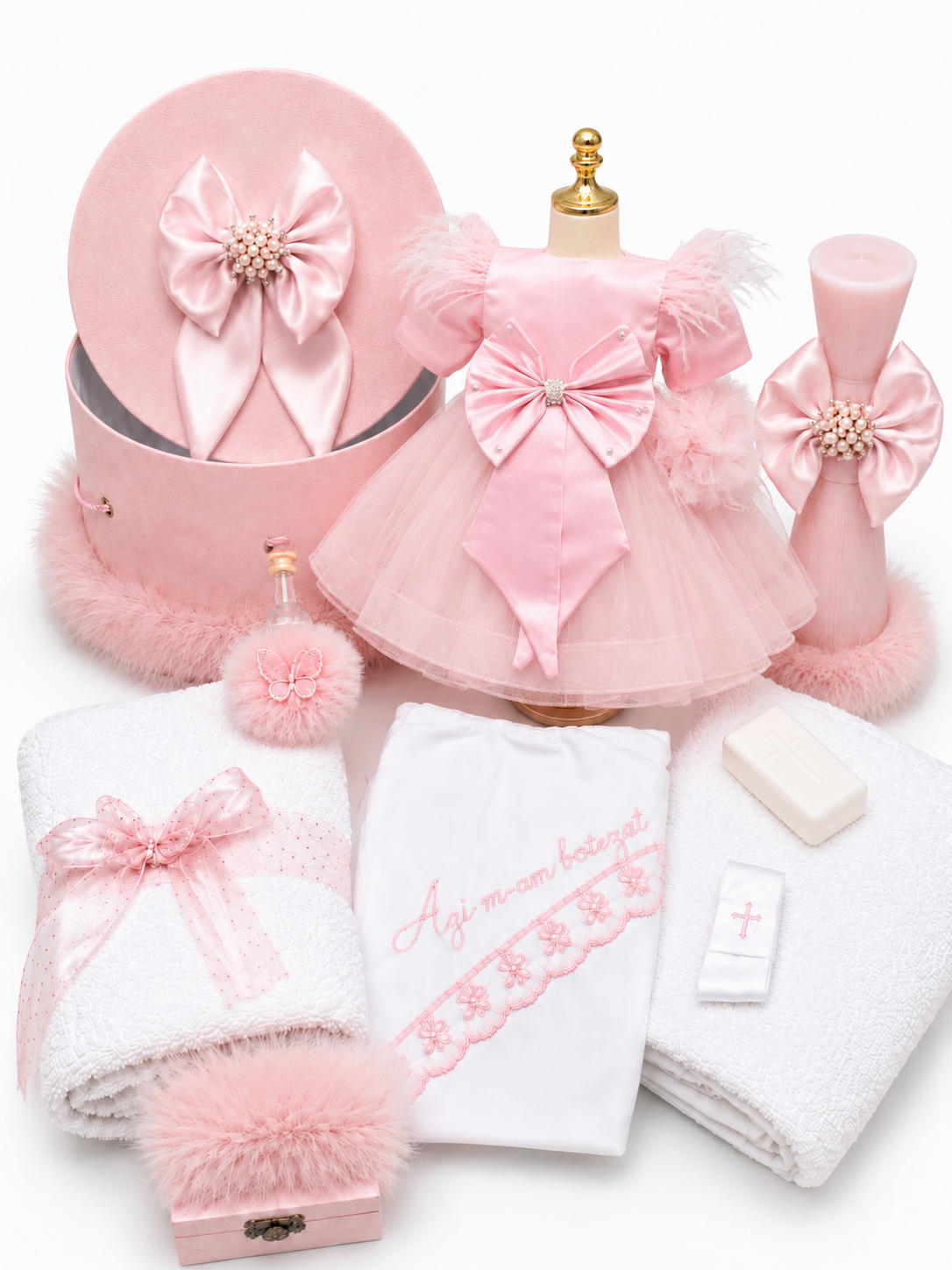 Set botez fetita roz cu funda