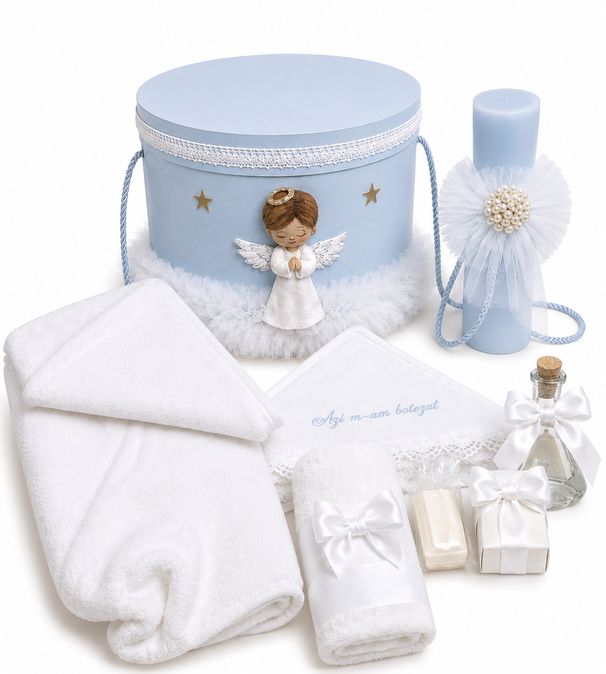 Set botez îngeraș albastru trusou+ lumânare