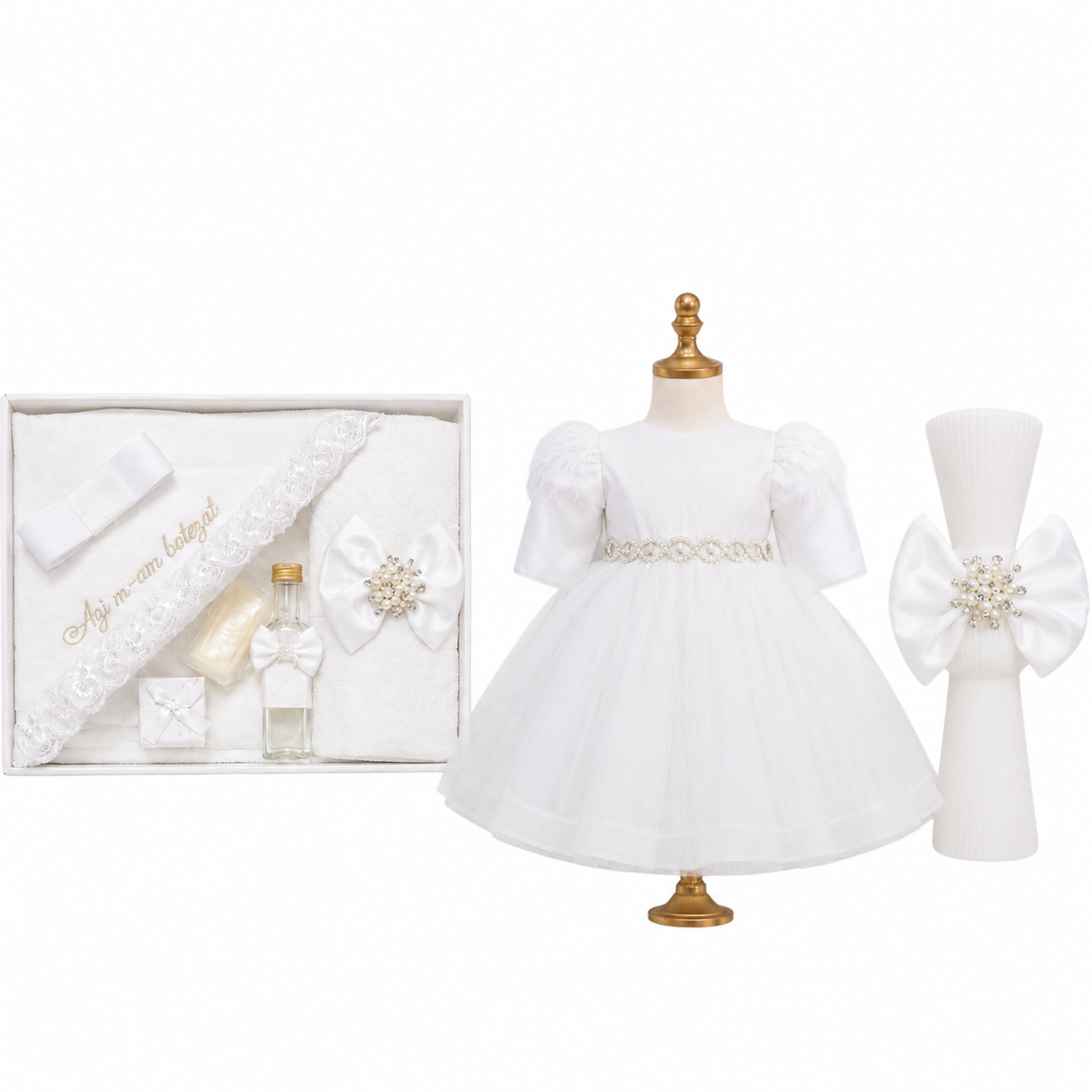 Set botez trusou+lumânare+ rochița fetita alb