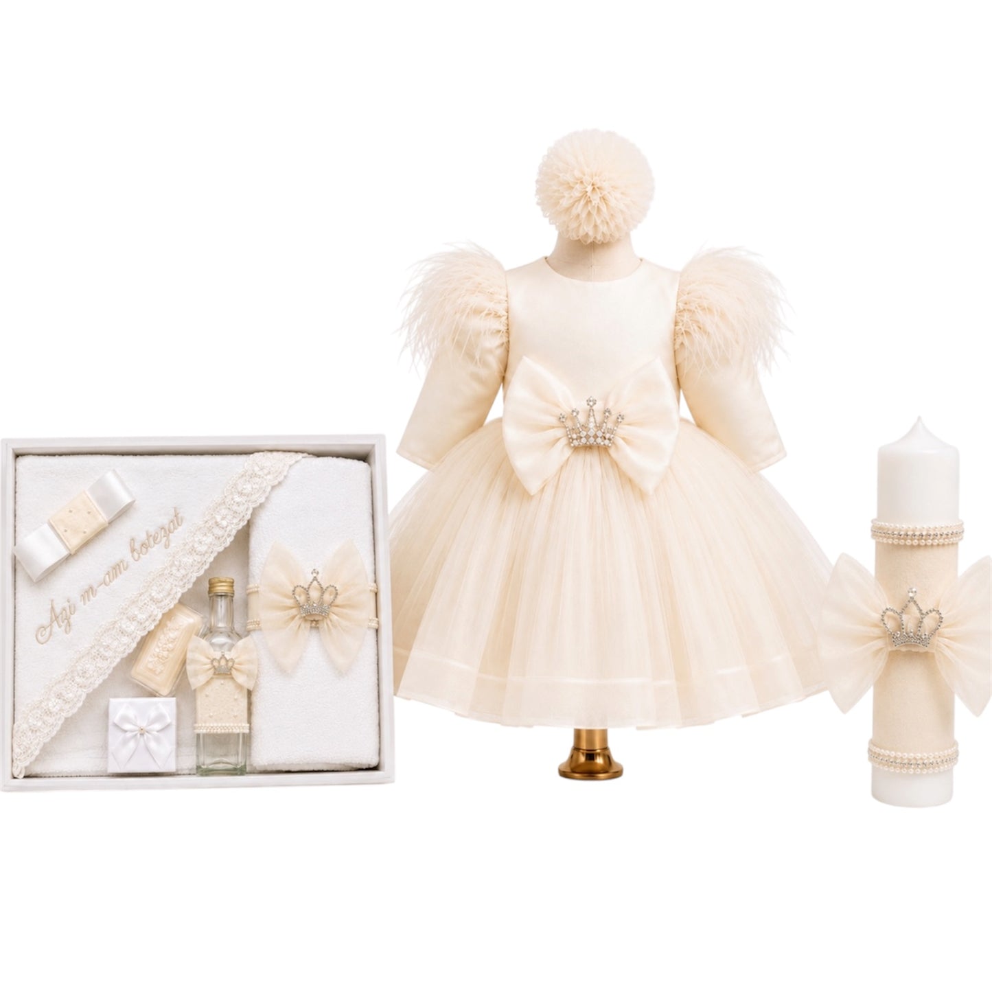 Set botez trusou+lumânare+ rochița fetita coroana crem