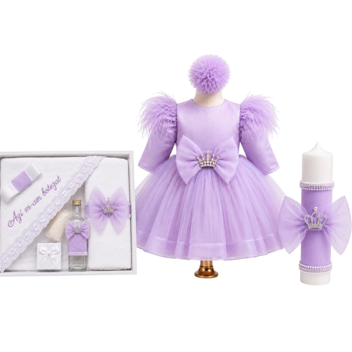 Set botez trusou+lumânare+ rochița fetita coroana mov