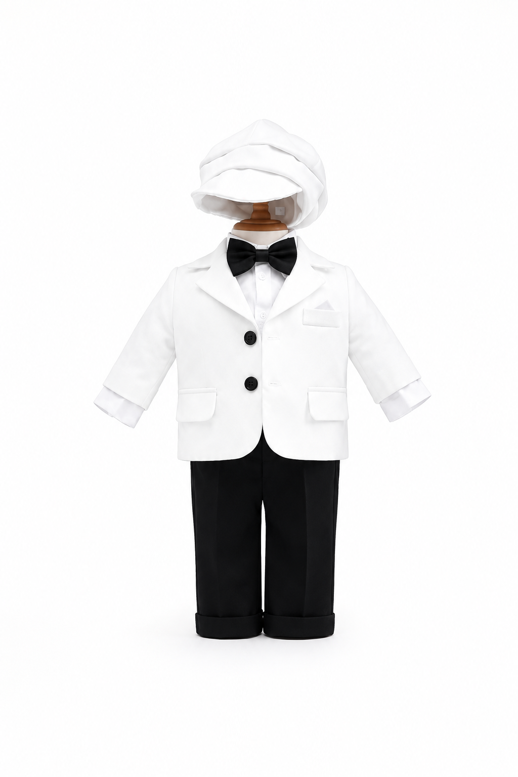 Costum alb pentru Botez, 5 Piese, Sacou, Pantaloni, Camasa, Caciulita, Papion