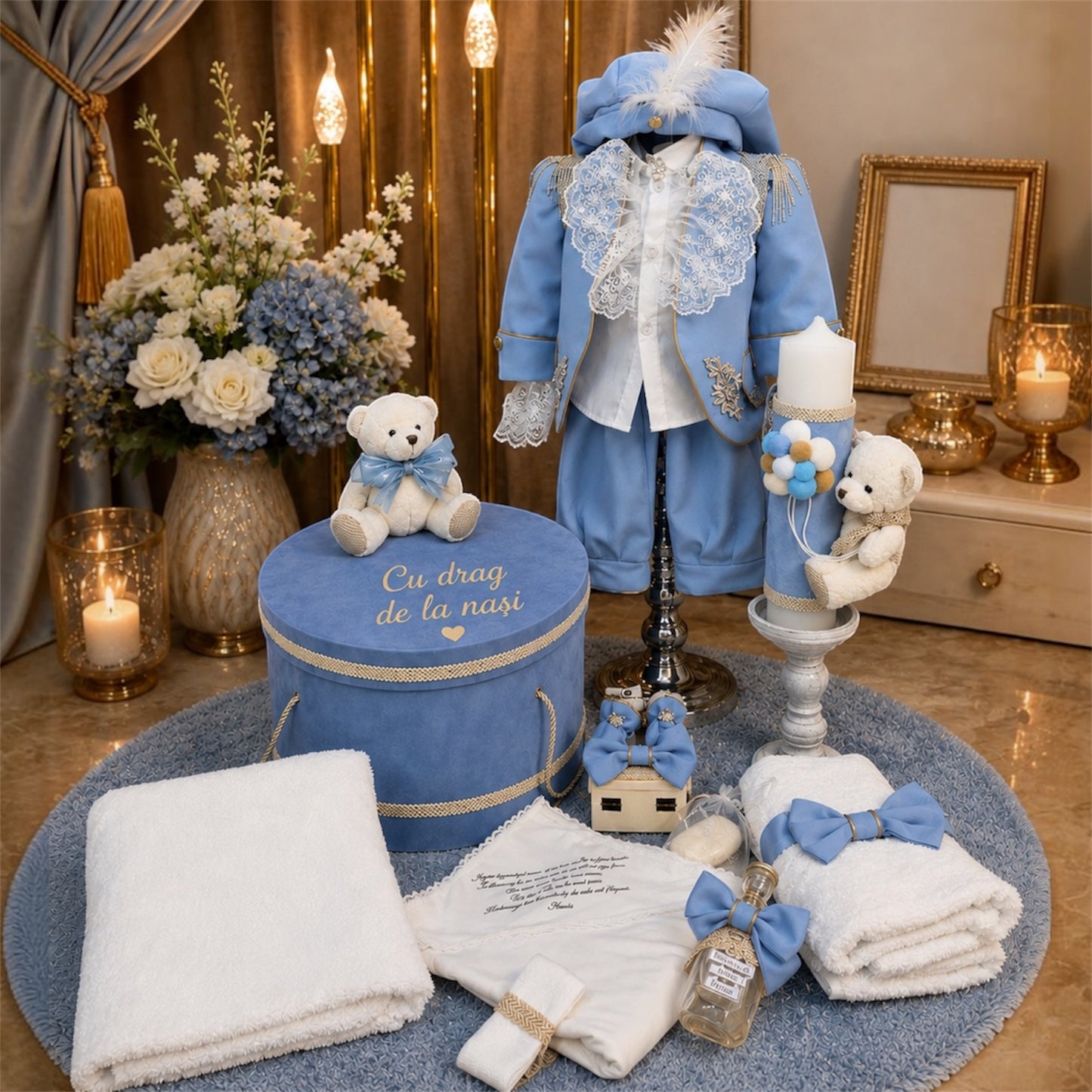 Set de botez „Micul Prinț” în nuanțe de albastru, accesorizat cu pietre elegante