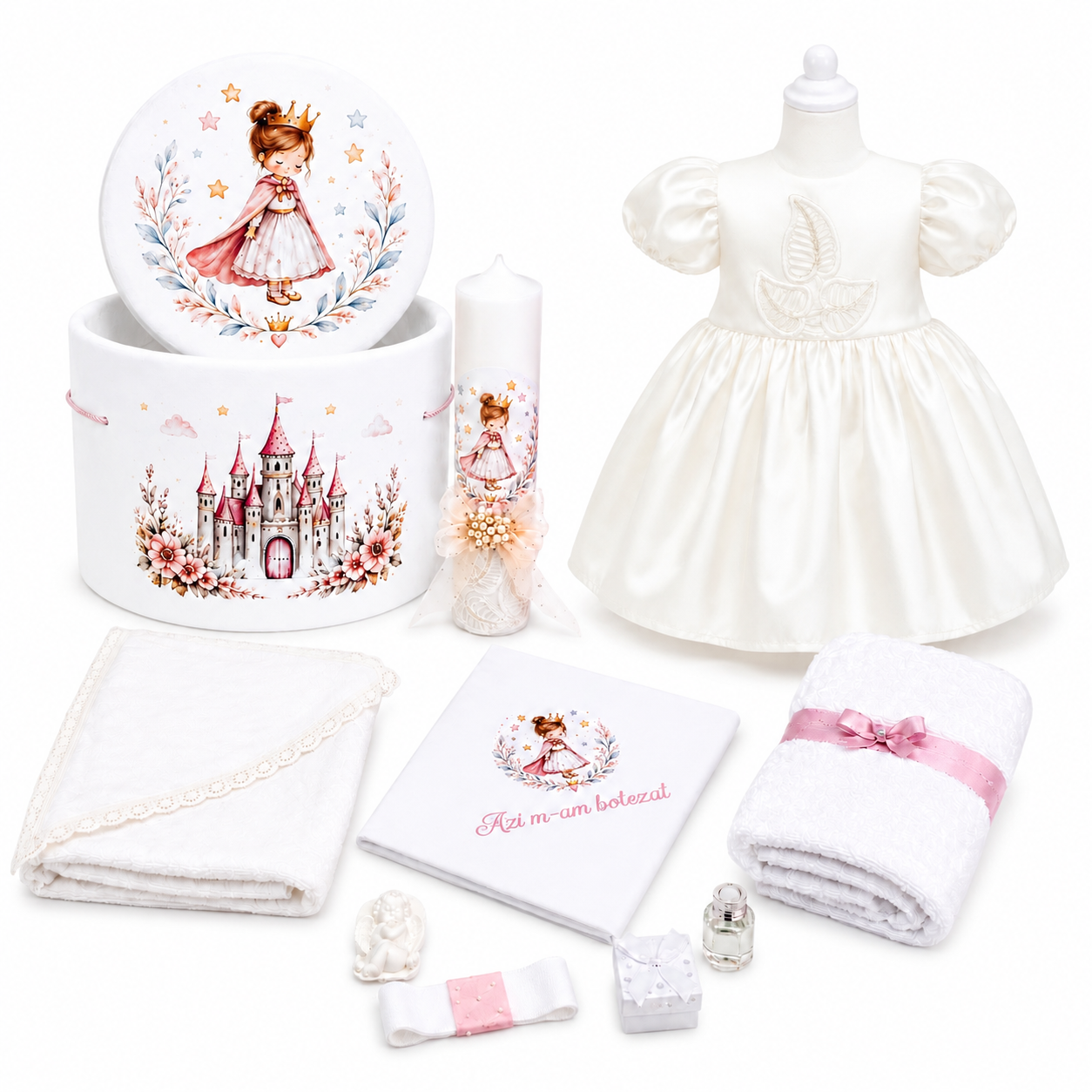 Set botez printesa alb trusou +lumânare+rochita