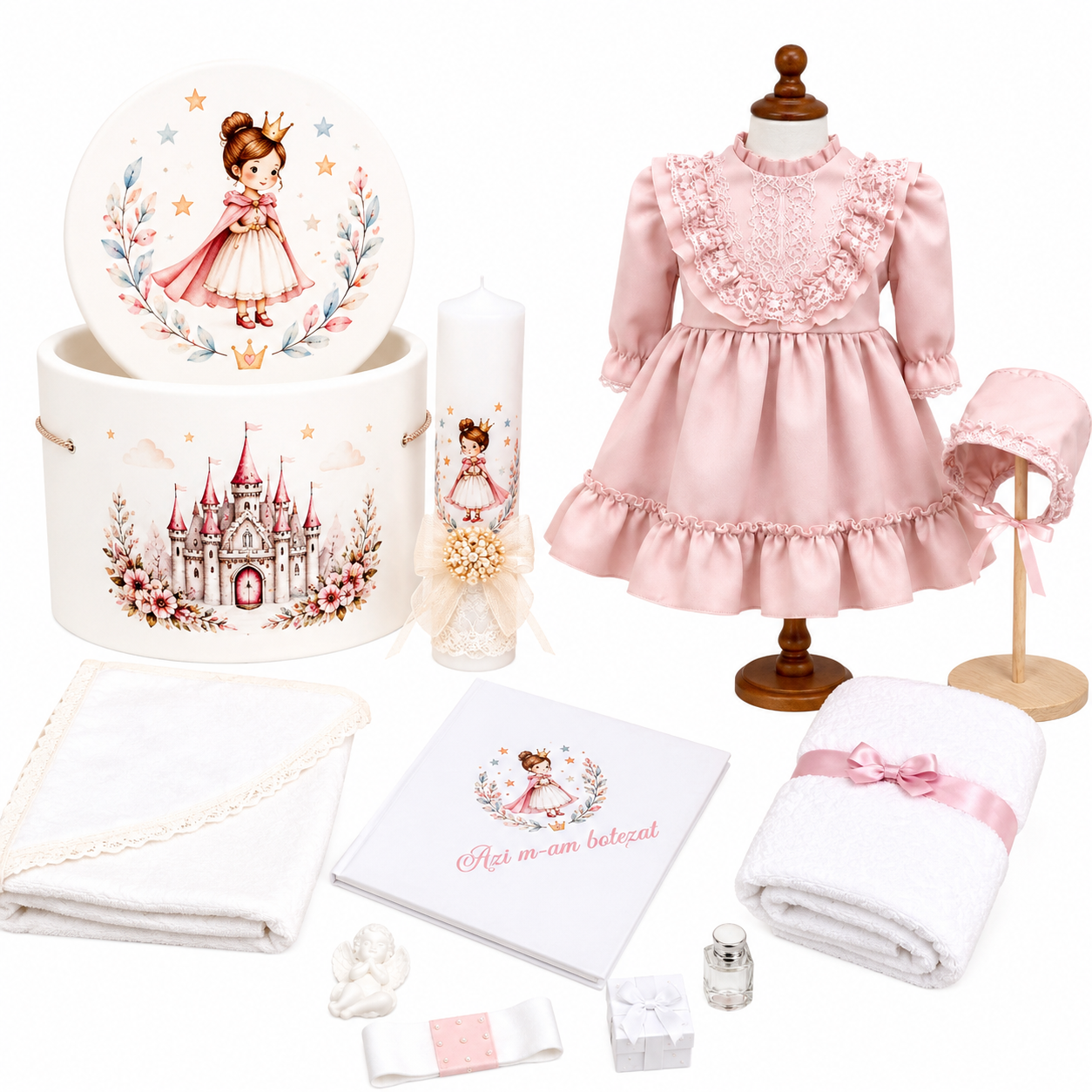 Set botez printesa roz pudra trusou +lumânare+rochita