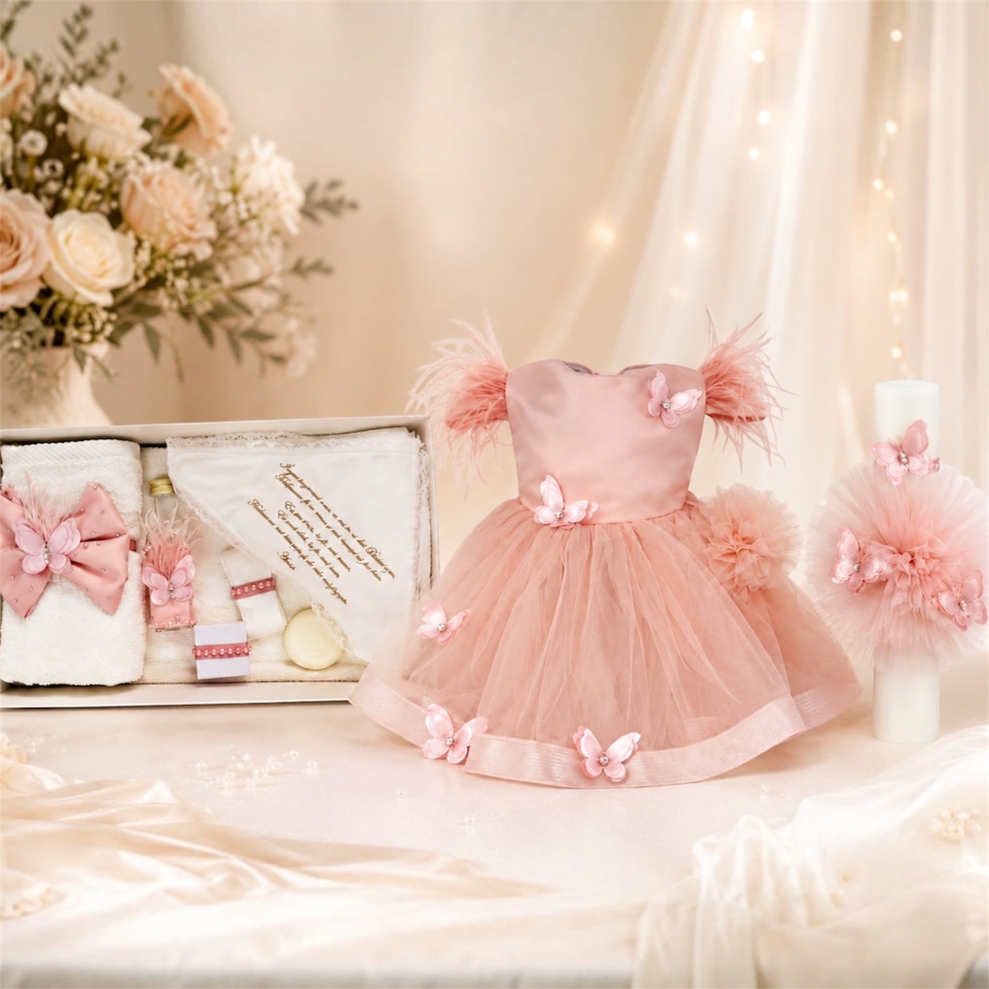 Set botez fetita roz pudra cu fluturași Trusou +lumânare+rochita