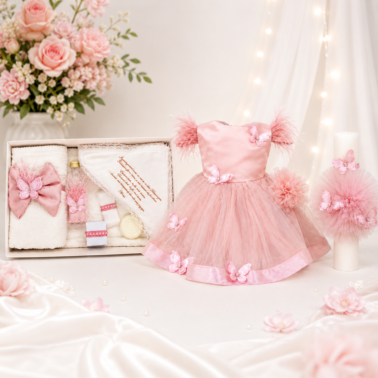 Set botez fetita roz cu fluturași Trusou +lumânare+rochita