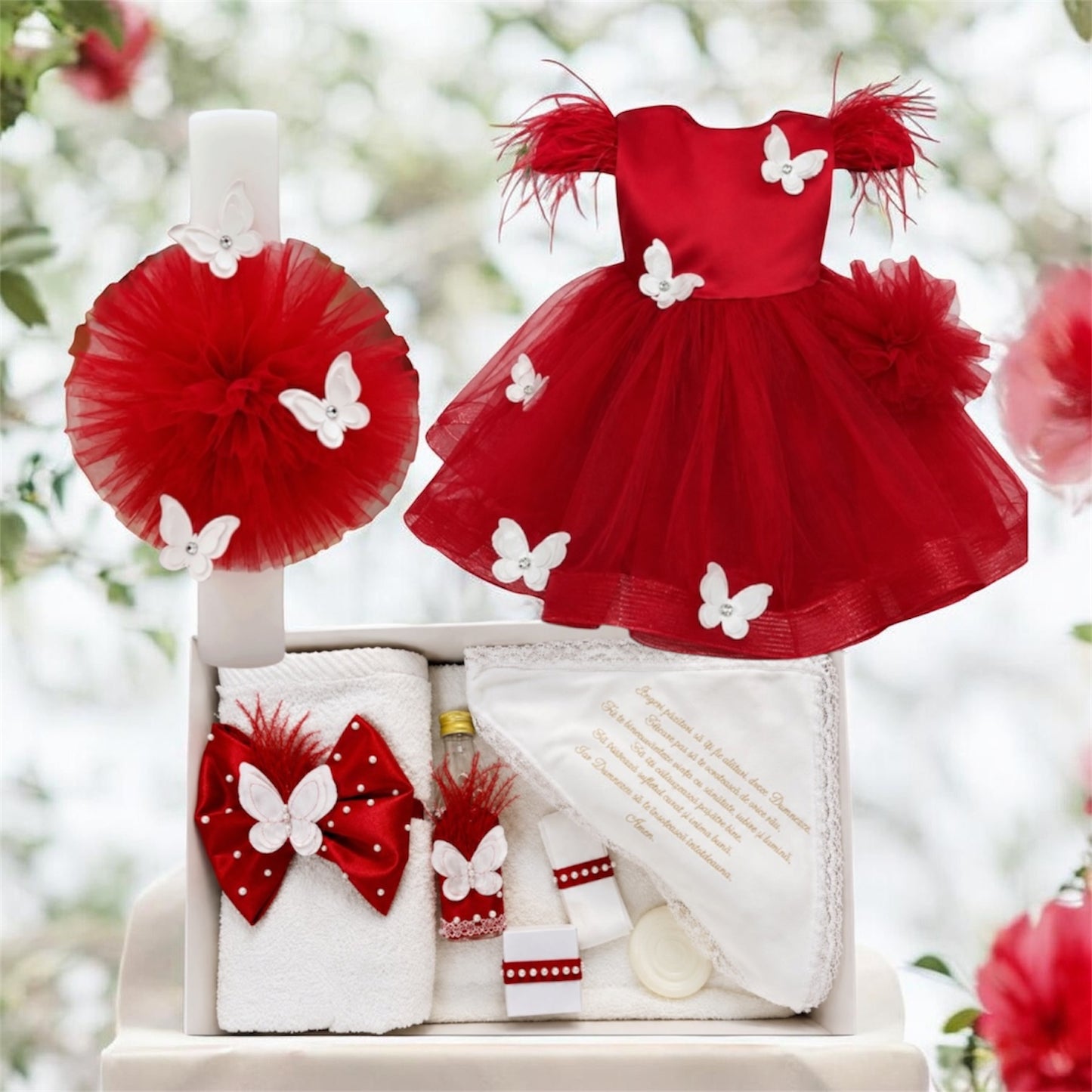 Set botez rosu cu fluturași Trusou +lumânare+rochita