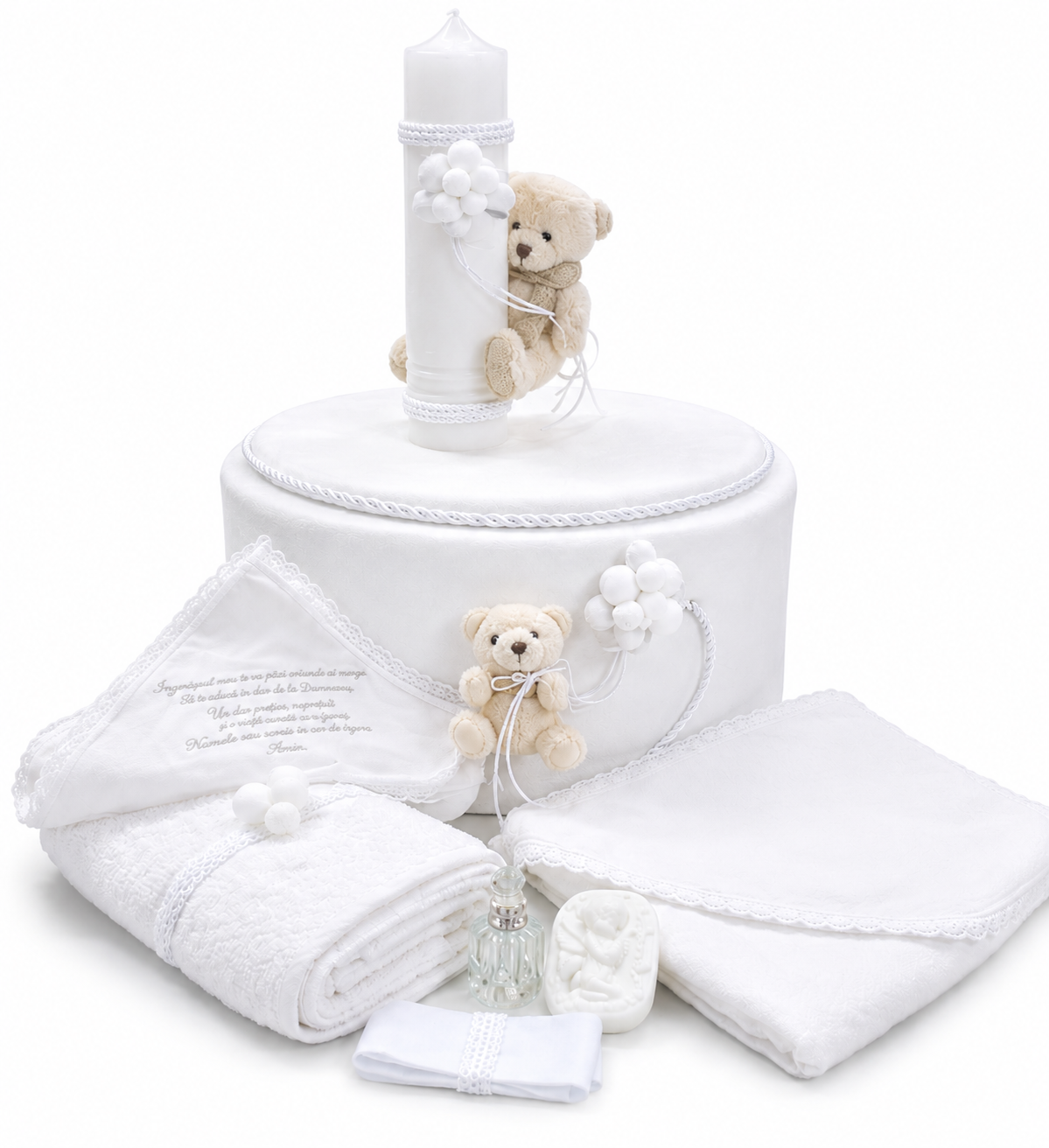 Set botez -Trusou catifea alb cu urs