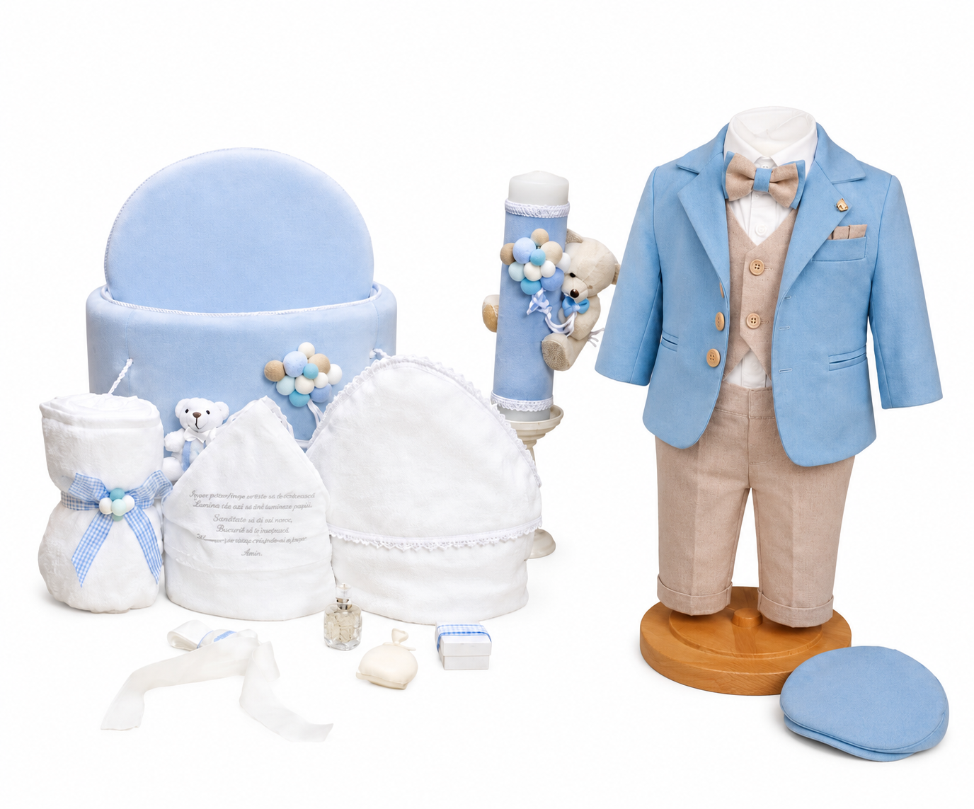 Set botez băiețel albastru ursuleț ( Costum, Trusou catifea ,Lumânare)