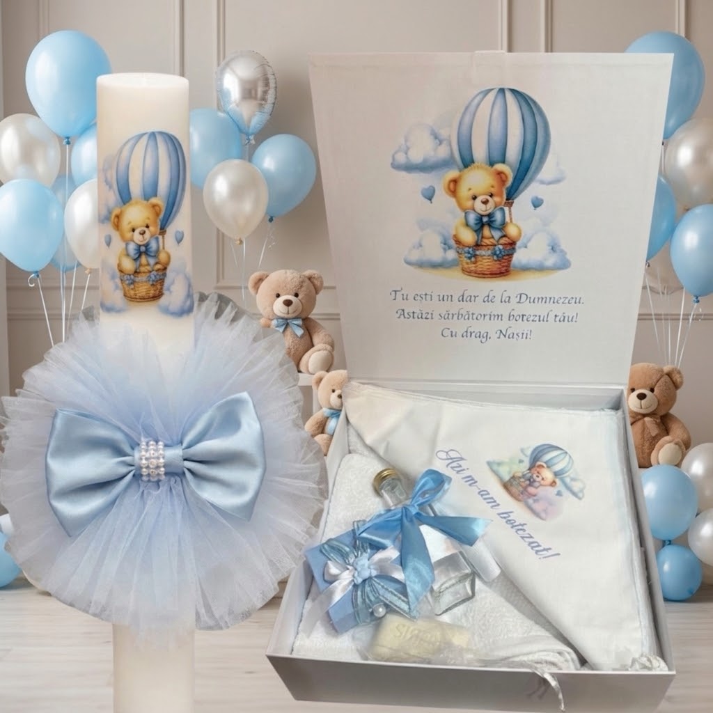 Set botez-Trusou ursulet albastru cu baloane + Lumânare