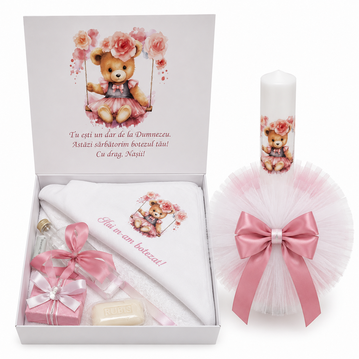 Set botez Ursuleț fetita roz - Trusou + lumânare