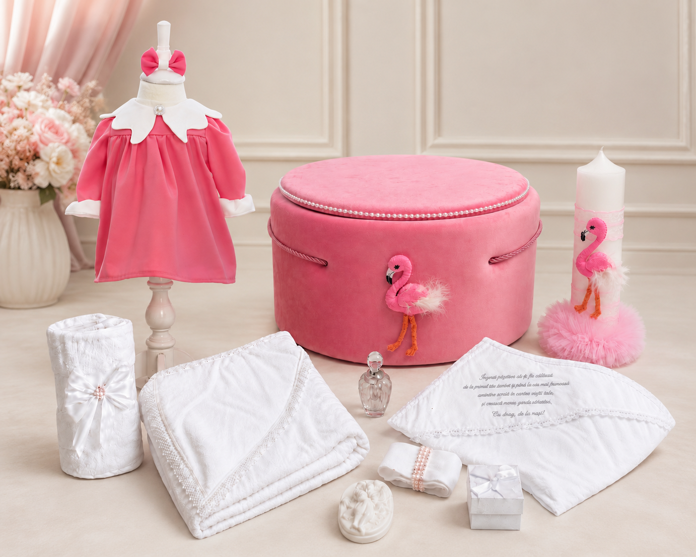 Set botez flamingo trusou+lumânare+ rochița