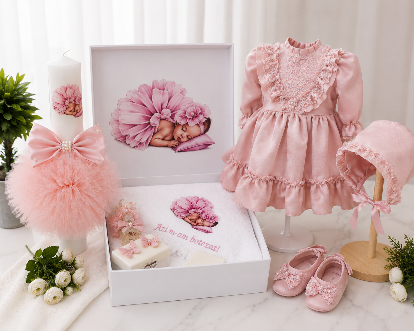Set botez fetita roz pudra bebelina