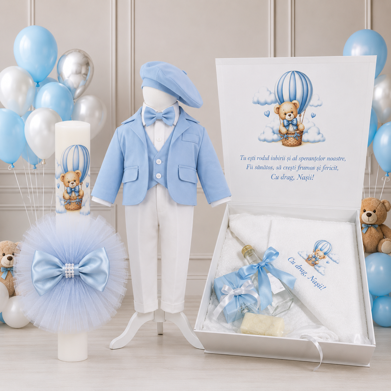 Set botez baietel ursuleț baby blue