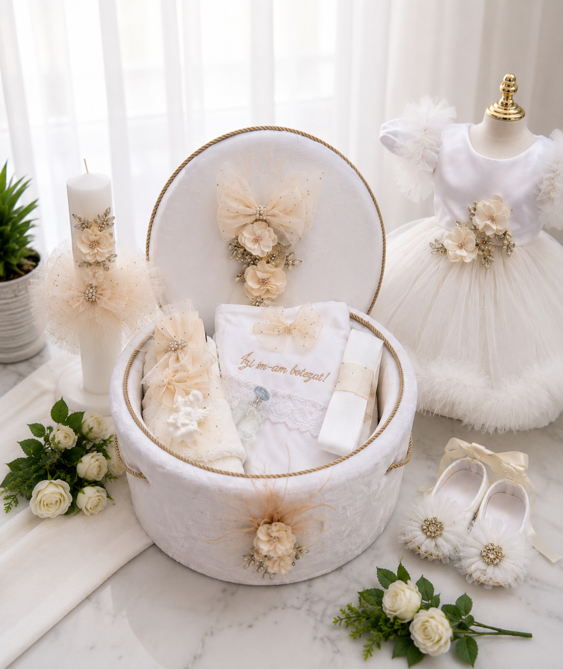 Set botez fetita alb accesorizat cu floricele ( Rochița cu trena detașabilă+ trusou catifea + lumânare)