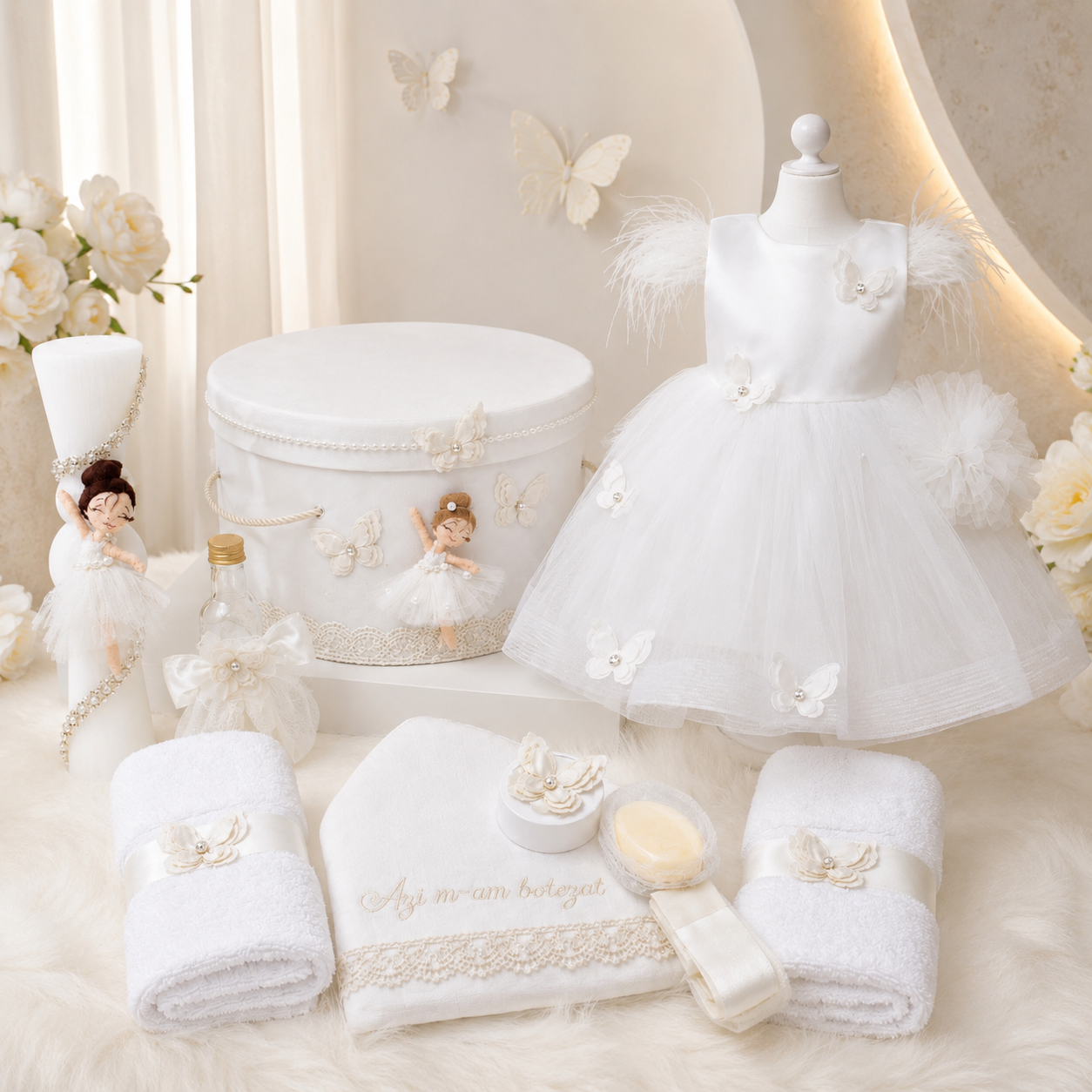Set botez fetita alb BALERINA ( Trusou + Cutie+Lumânare+ Rochița )