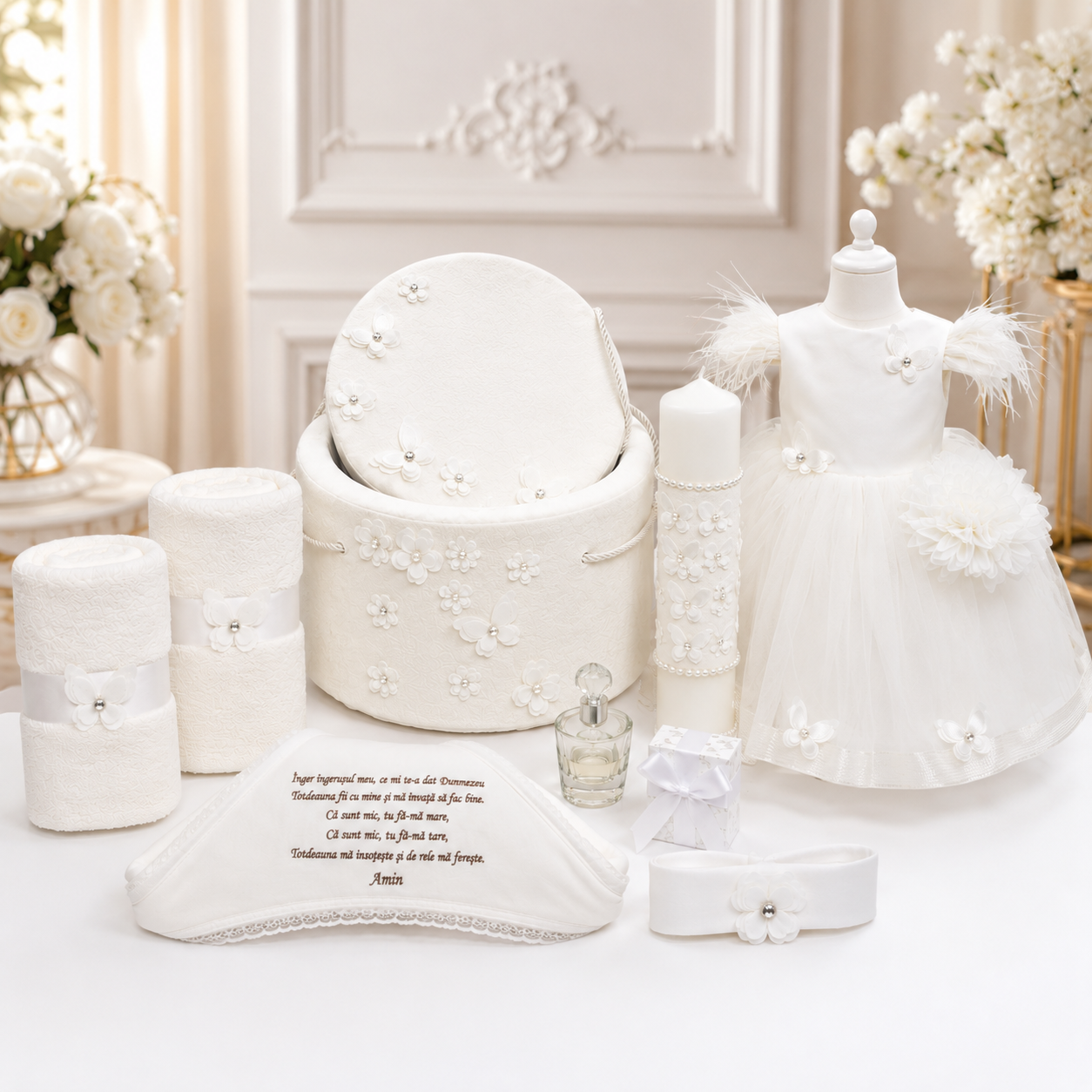 Set botez fetita alb fluturași ( Trusou + Cutie+Lumânare+ Rochița )