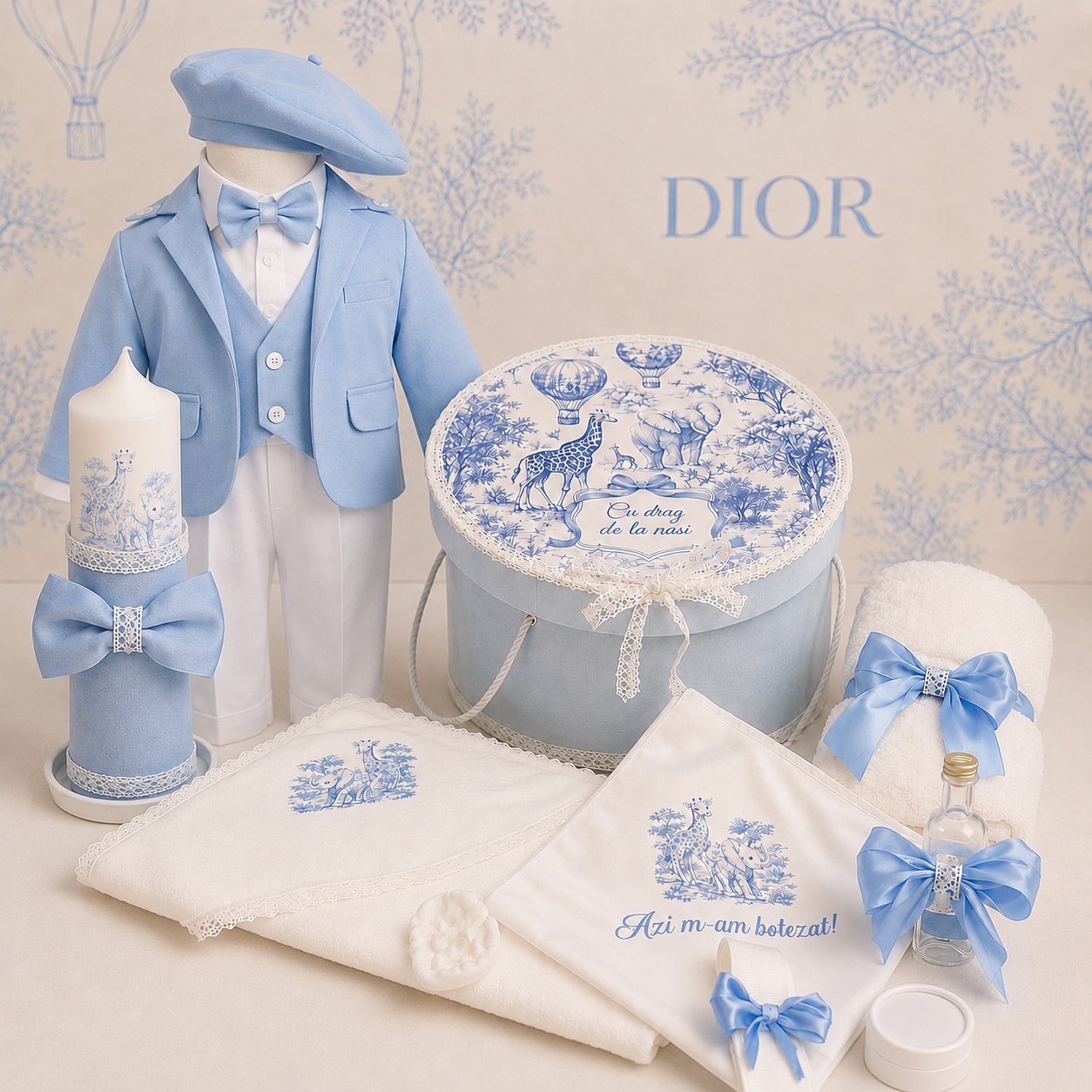 Set de Botez Dior Jungle Baby Blue Costum, Trusou,Lumânare)