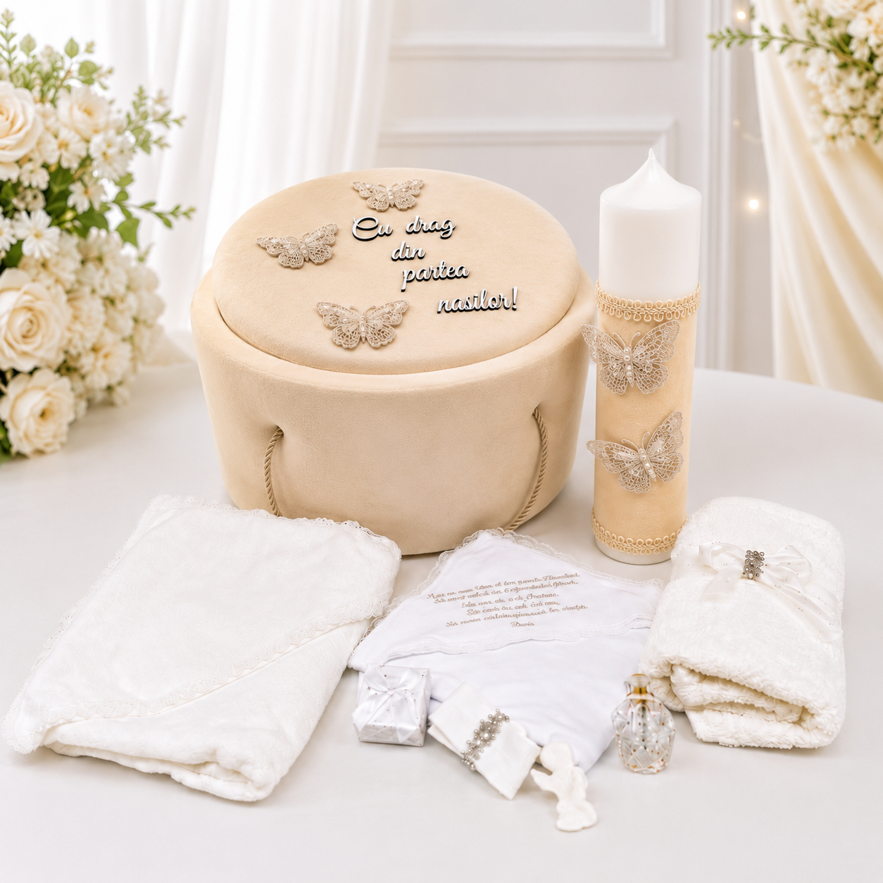 Set botez fluturași crem “ Cu drag din partea nașilor!”( Trusou + Cutie+Lumânare)