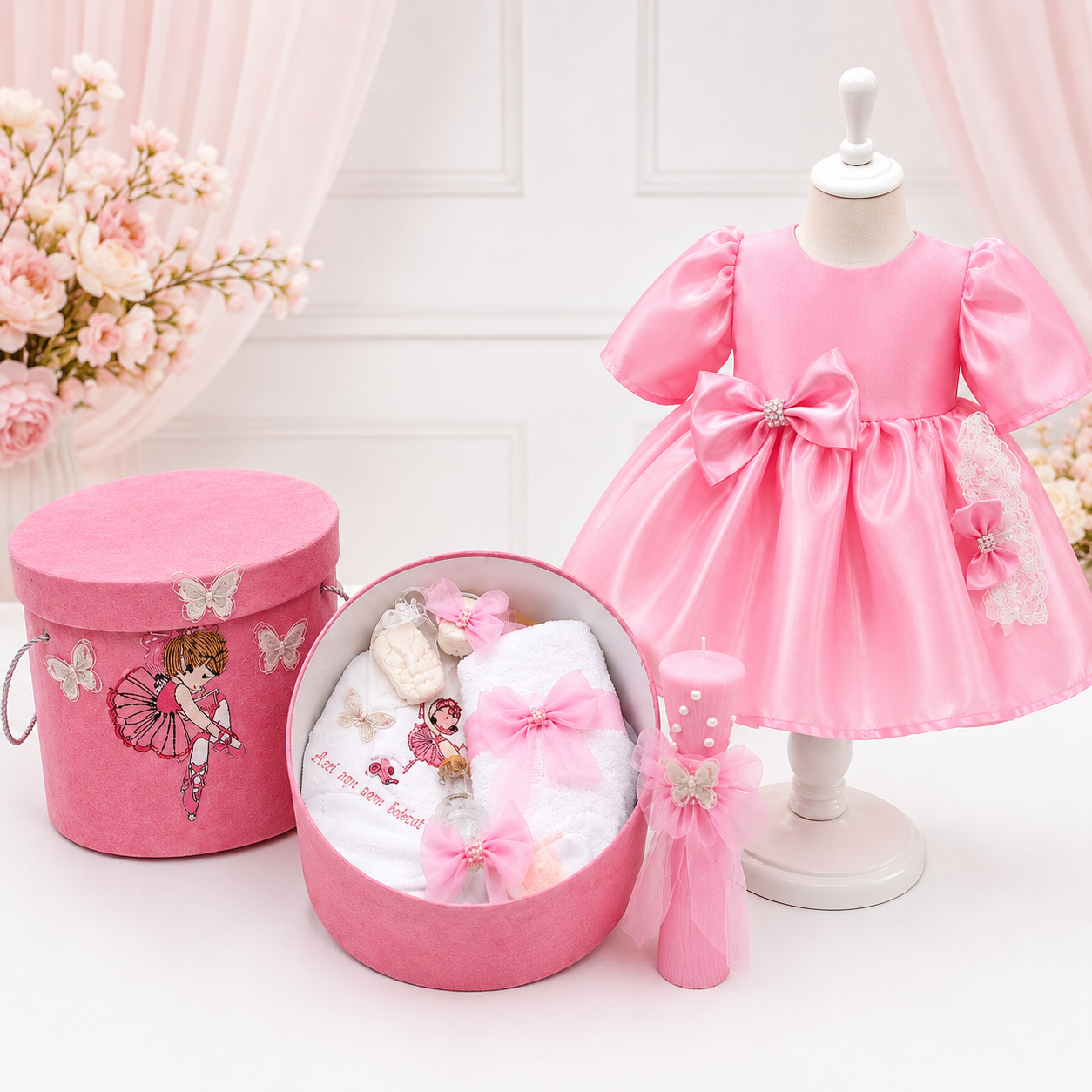 Set botez roz balerina – Rochiță, lumânare și trusou