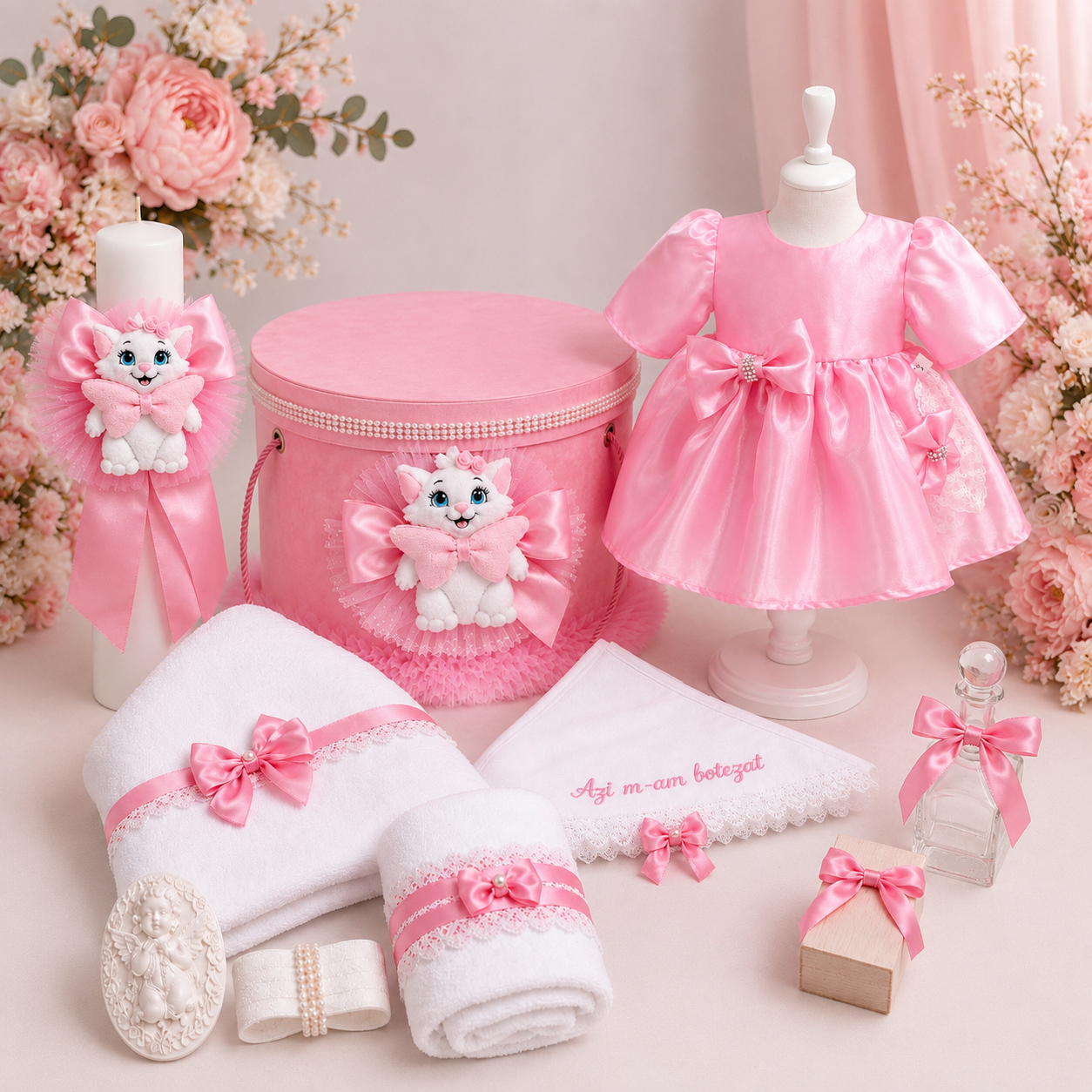 Set botez roz pisica Marie – Rochiță, lumânare și trusou