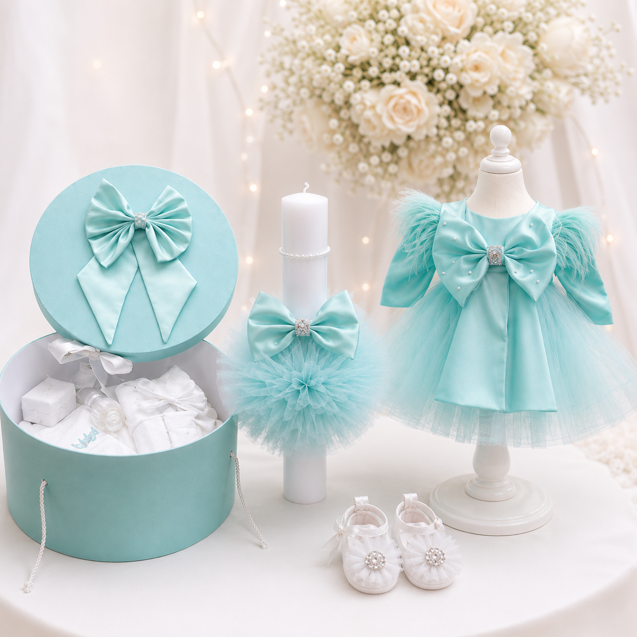 Set botez fetita menta fundita( Trusou+ Cufăr+ Lumânare+ Rochița)