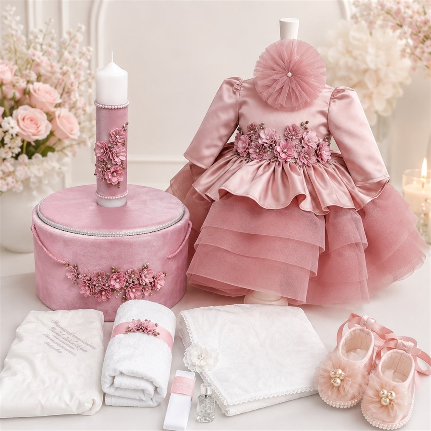 Set botez fetita flori roz pudra ( Trusou+ Cufăr+ Lumânare+ Rochița)