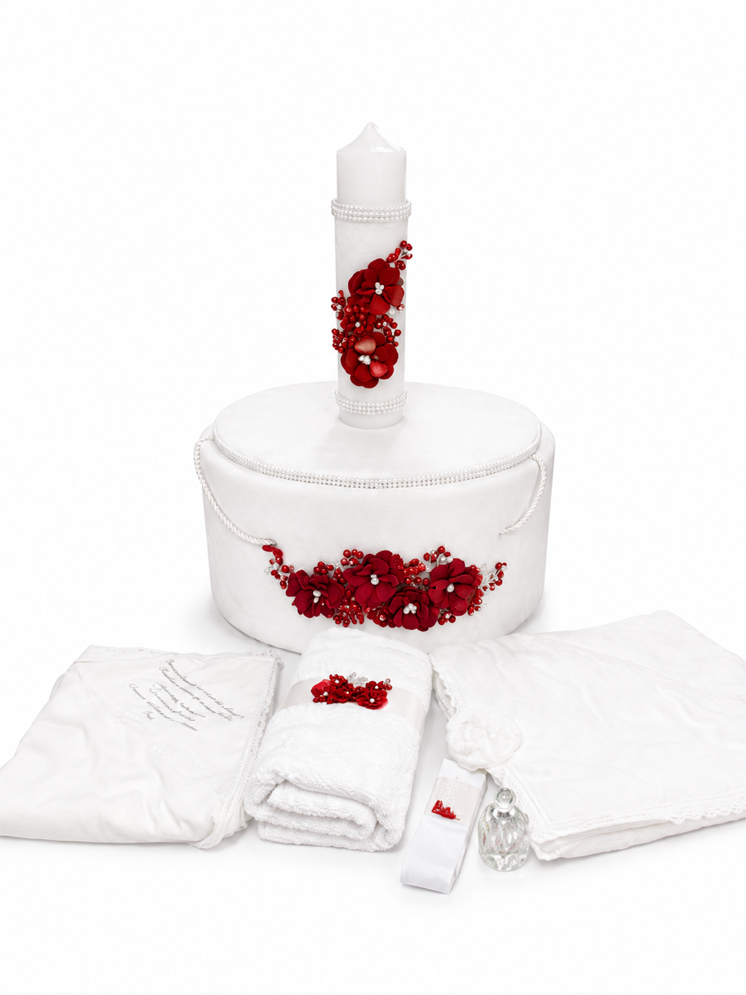 Set botez fetita cu floricele rosii cristal( Trusou + Cutie+Lumânare)