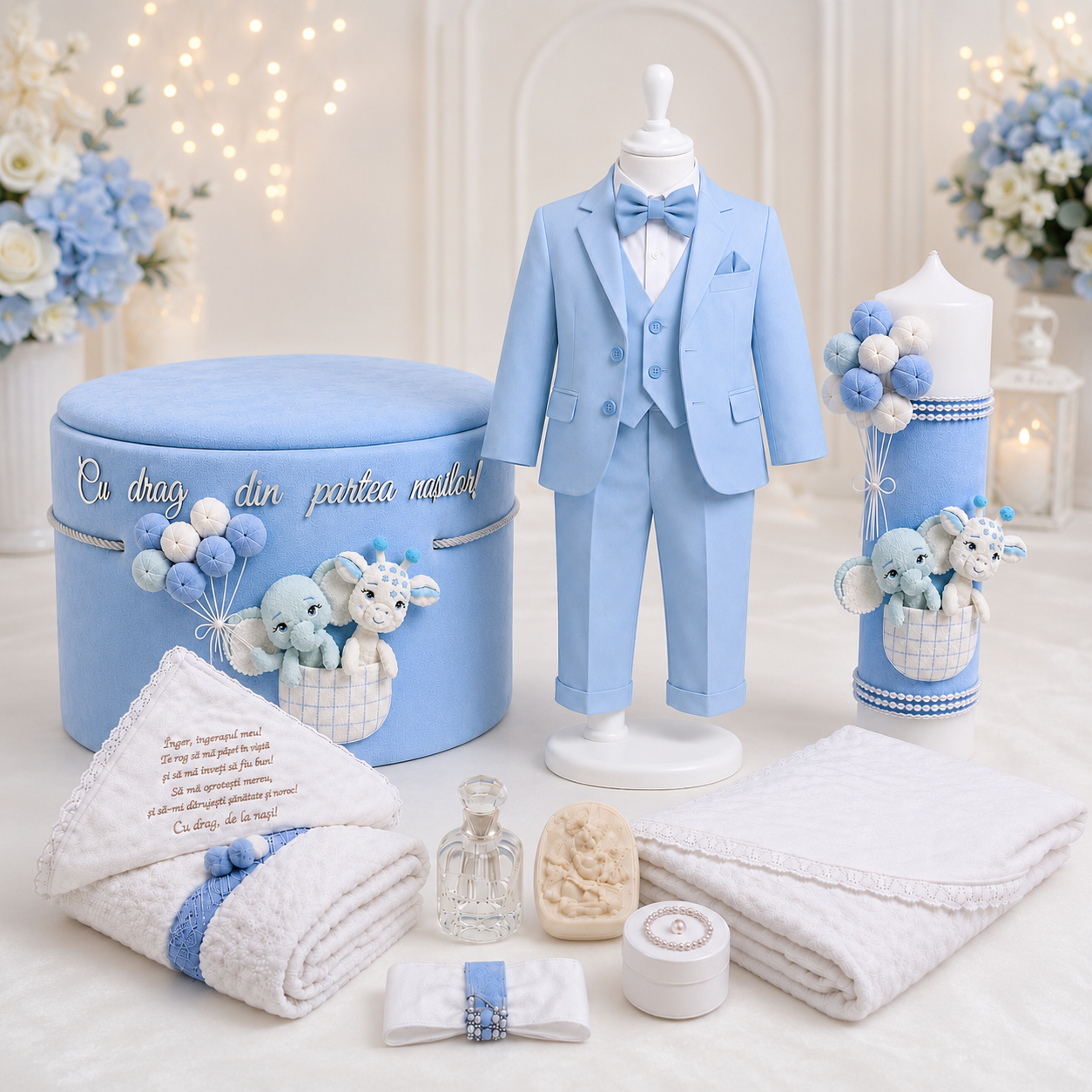 Set botez băiețel albastru jungla ( Costum, Trusou catifea ,Lumânare)