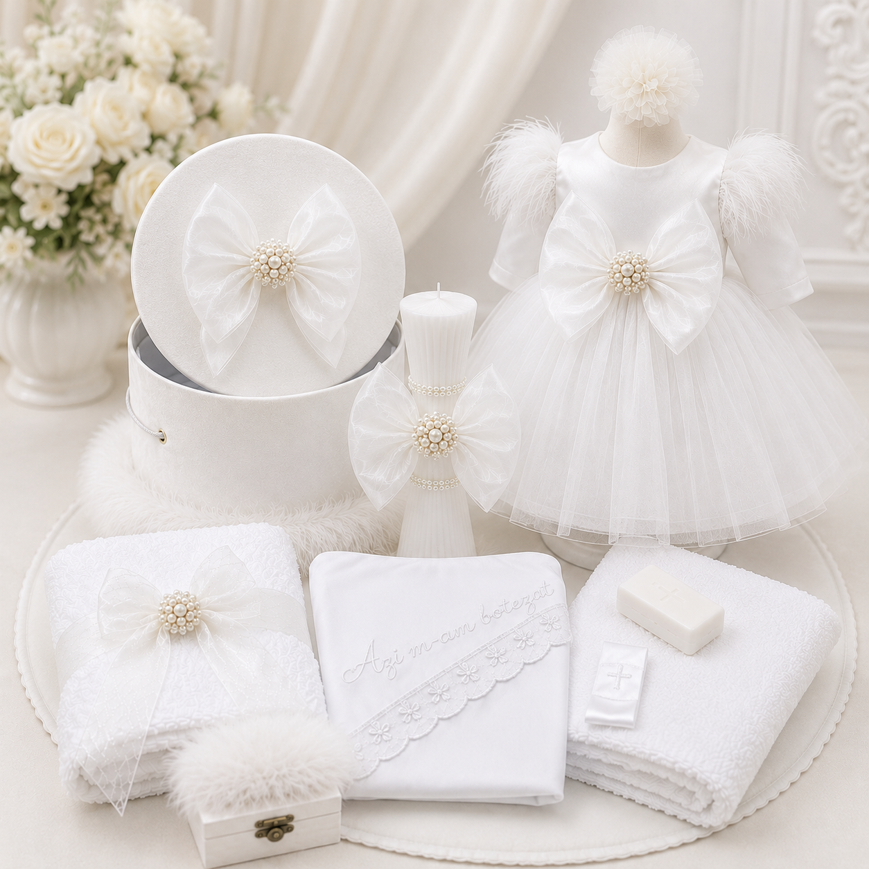 Set botez fetita alb cu funda tulle-Trusou+ lumânare+ rochita
