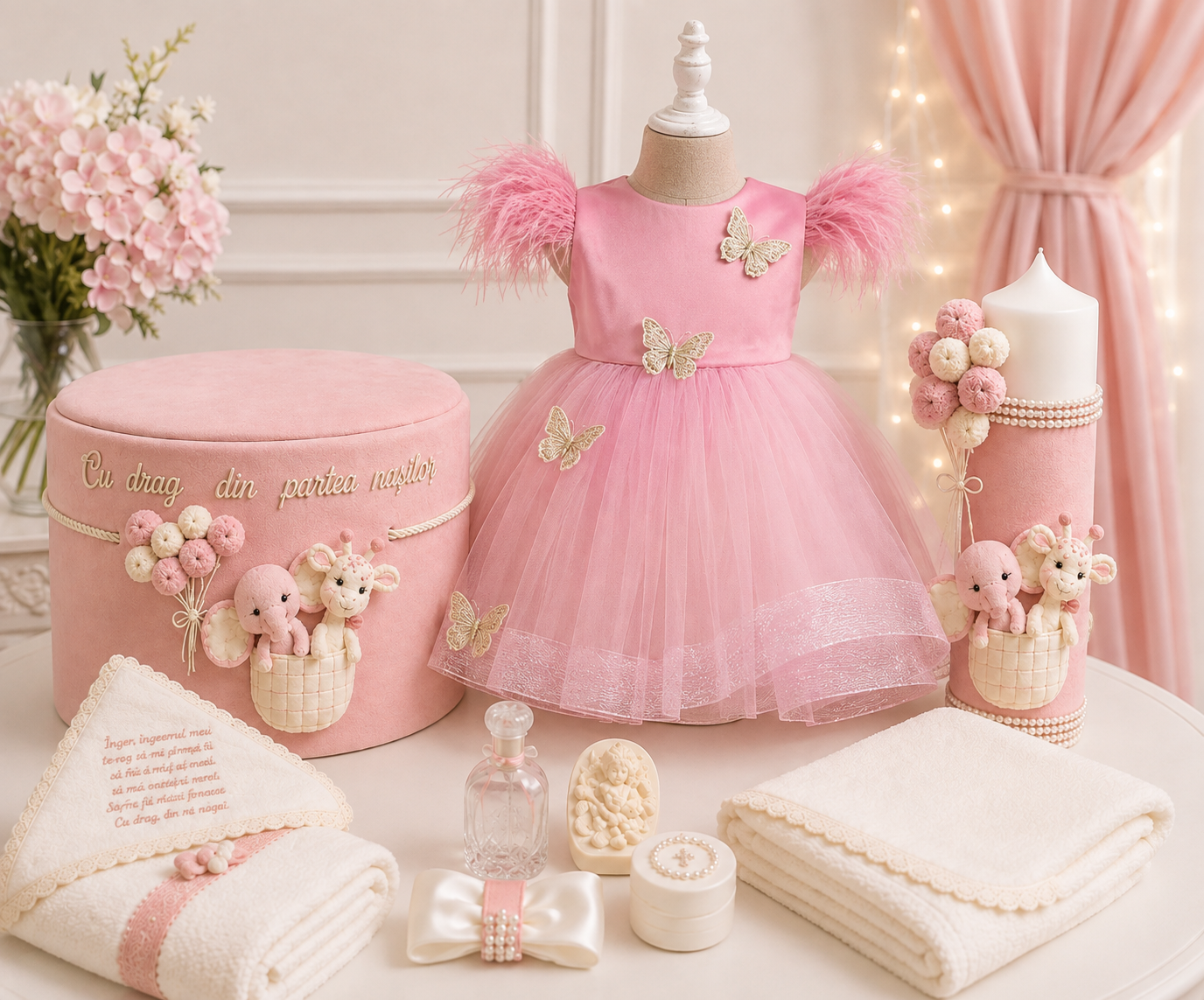 Set botez tematica Dior jungla fetru roz -Trusou catifea + lumânare +rochița