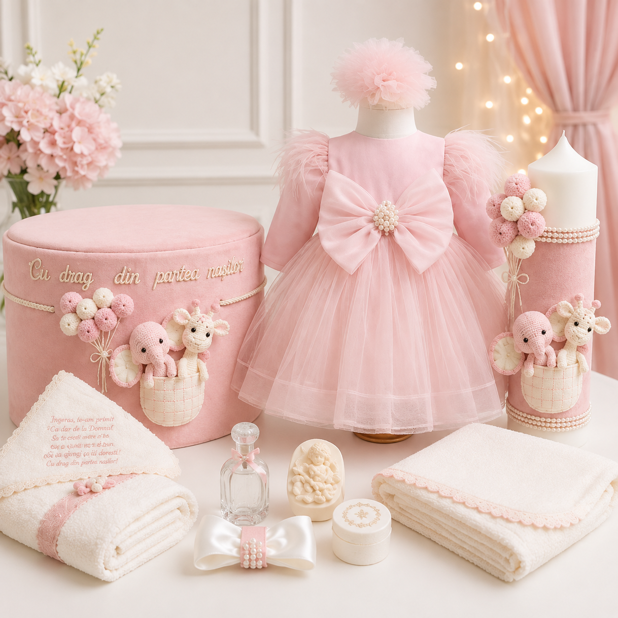 Set botez tematica Dior jungla fetru roz -Trusou catifea + lumânare +rochița