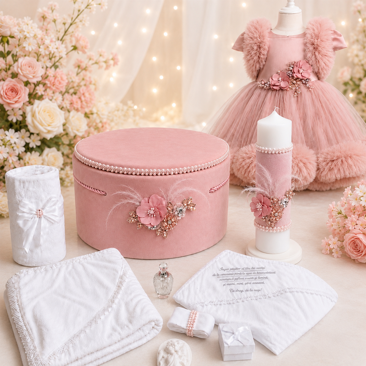 Set botez fetita roz pudra floricele -Trusou+ Cutie+ lumânare+ rochita