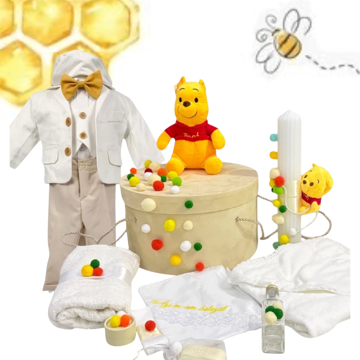 Set botez băiețel winnie the pooh ( Trusou+ lumânare+ Costum)