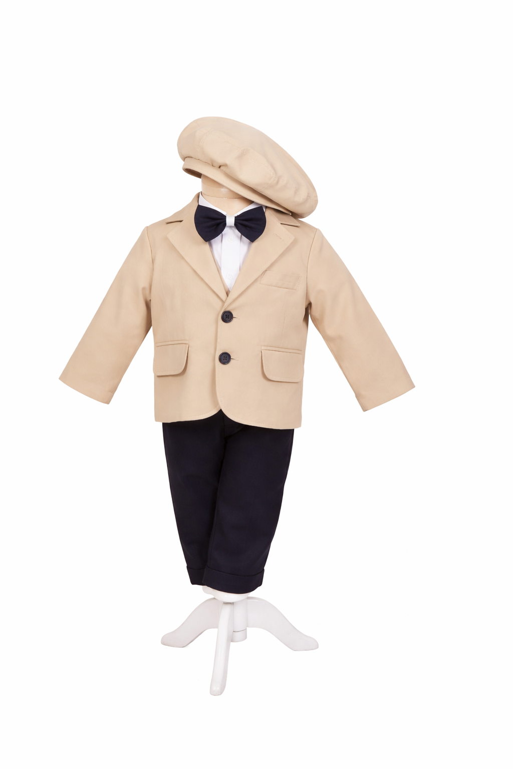 Costum Crem pentru Botez, 5 Piese, Sacou, Pantaloni, Camasa, Caciulita, Papion