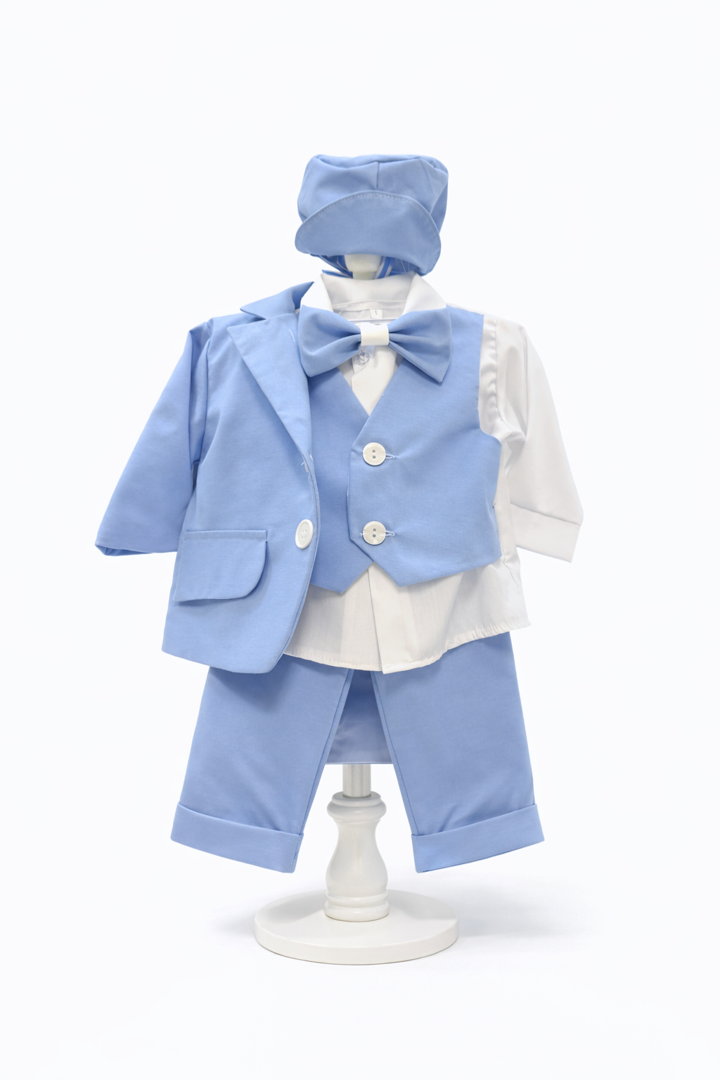 Costum Albastru pentru Botez, 6 Piese, Sacou, Pantaloni, Vesta, Camasa, Caciulita, Papion