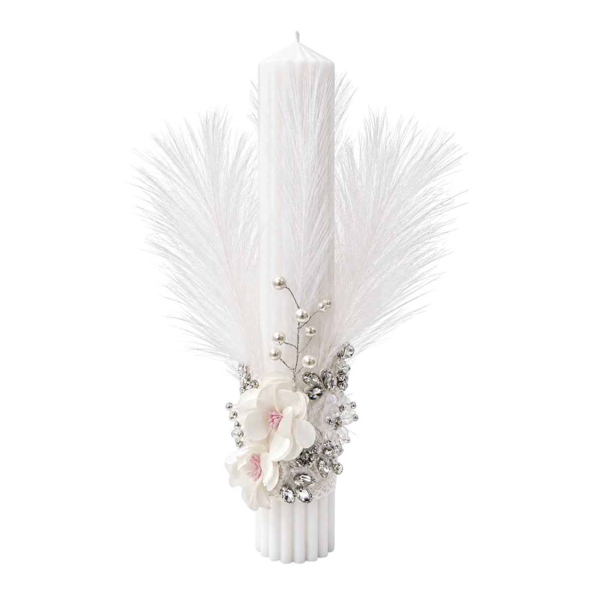 Lumânare cu floricele din cristal alba si pene