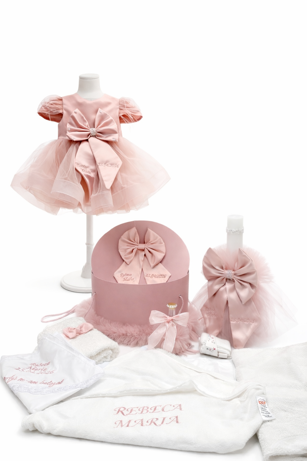 Set botez fetita funda cu roz pudra